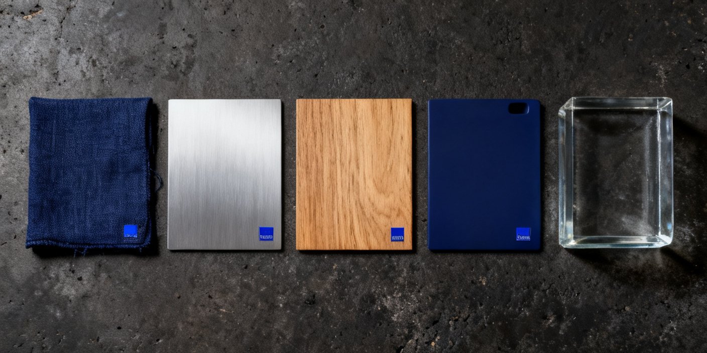 Materialmuster: Textil, Metall, Holz, Kunststoff, Glas